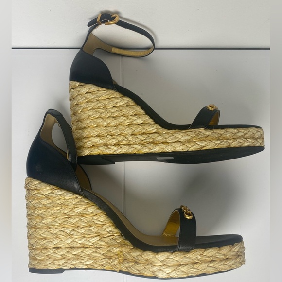 DONNA KARAN NWT & Box Yulissa Ankle Strap Nappa Black & Gold Wedge Sandals - Picture 7 of 7